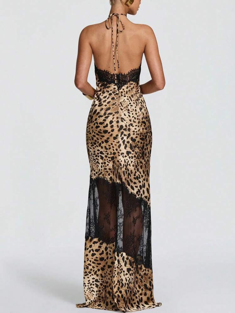 Gaun Terusan Rajut Tanpa Lengan Motif Leopard dengan Tali Bahu Tipis dan Hiasan Renda Transparan, Gaun Panjang yang Sempurna - Coklat - View 3