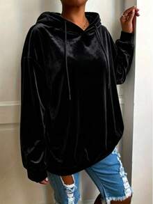 Plus Size Lady's Solid-Color Velvet Hooded Sweatshirt - Black - View 3