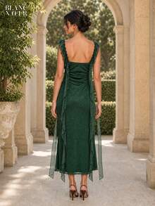 Dark Green| Women's Elegant Dark Green Sequin Mesh Ruffle Trim Bodycon Maxi Dress - 深綠色 - 查看 4