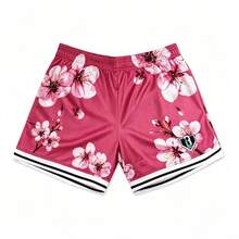 1PC Men Cherry Blossom Floral Print Mesh Athletic Shorts Contrast Striped Hem Elastic Waist Loose Fit Breathable Basketball Street Workout Casual Short Pants With Side Pockets - A - View 12