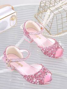 1 Pair Girls Princess Crystal Peep Toe Closed Back Sandals, New Summer Korean Style Sequin Rhinestone Pink Dress Shoes For Kids - Pink - View 4