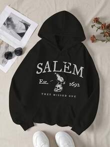 Women's Plus Size Halloween Letter Graphic Sweatshirt, Pullover Style With Drawstring Design, Suitable For Halloween Casual Occasions - Black - View 1