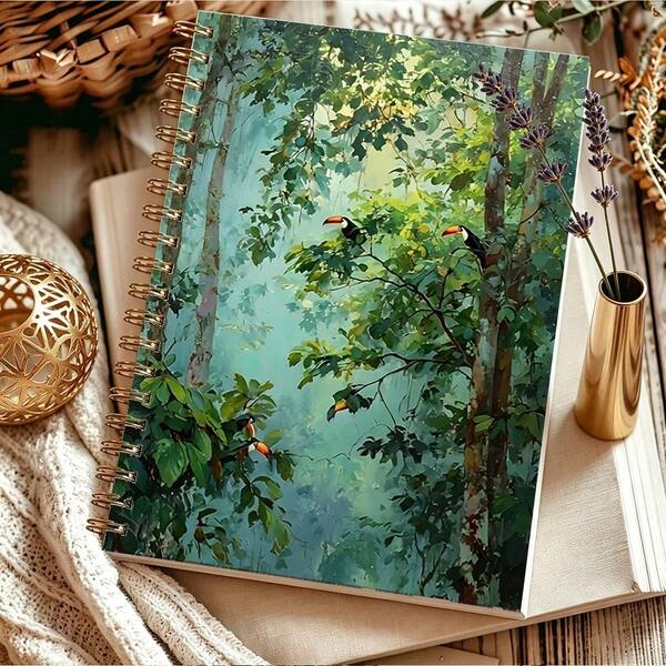 1Pc Tropical Rainforest Toucan Art A5 Spiral Notebook, Black Spiral Coil, Suitable For Students' Class Notes, Portable Plan Books And Diaries, Suitable For Professionals, Students And Office Use, Ideal Gift Choice