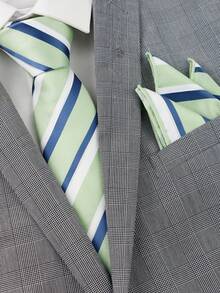 ZLQ&GOU 2 PCS 7cm Sage Green Striped Men's Tie Set, Polyester Jacquard Set Includes Tie And Pocket Square, Suitable For Party Events And Matching With Shirts - Mint Green - View 7