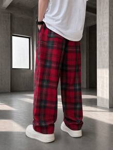 GRDR SU ER Men's Summer Elastic Waist Drawstring Casual Pants, Striped Plaid Loose Drape Lazy Wide Leg Long Pants - Red - View 3
