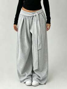 Women's Sports Wide Leg Pants With Waist Tie Design, Adjustable Drawstring Hem, Elastic Waist, Casual Long Pants For Spring And Summer Fall - Light Grey - View 4