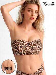 Women's Brown Leopard Print Strapless Bandeau Bra, Seamless Invisible Push-Up Bra, No Wire, Backless, Anti-Slip, Thin Cup With Thick Padding, Small Chest Invisible Back Bra, Strapless Underwear - Brown - View 2
