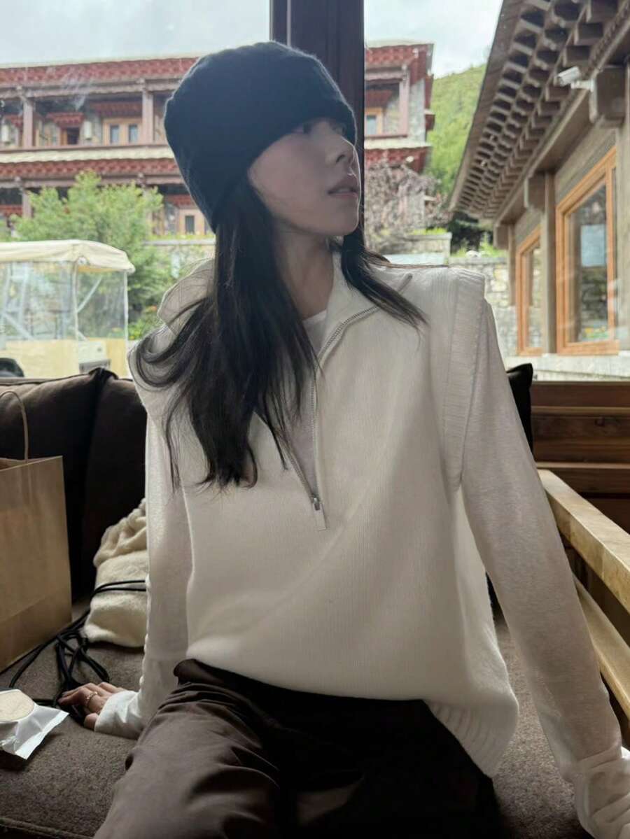 領口半拉鍊針織無袖背心