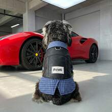 Patchwork Plaid Pet Leather Jacket, Small Cat & Dog Autumn/Winter Motorcycle Style Coat - Blue - View 5