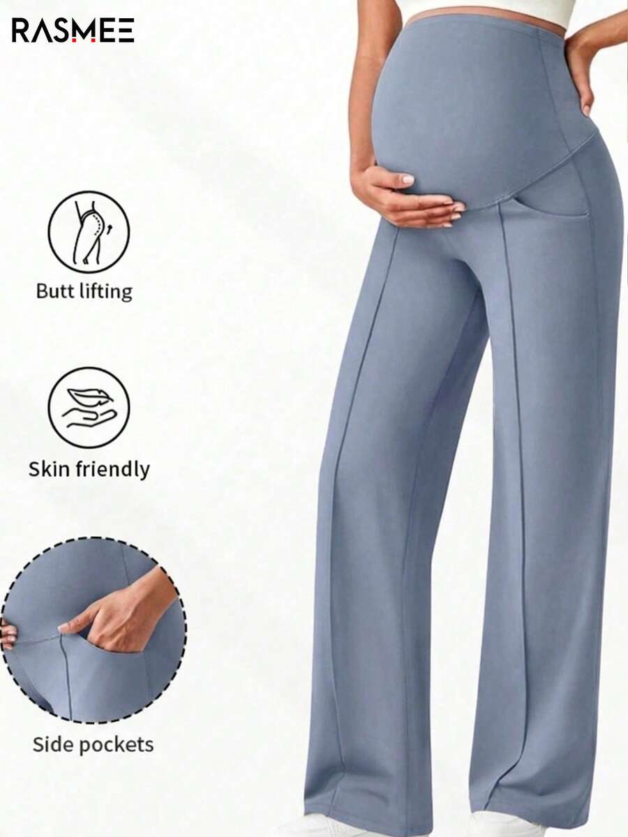 1 Stück Damen Umstands-Hose, mit Taschen, elastischer Bund, der den Bauch nicht einschnürt, doppelte Taschen praktisch zum Tragen von Gegenständen - Graublau - Übersicht 1