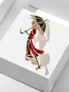 1pc Niche Creative Design Umbrella Lady Brooch, Fashionable High-End Luxury Personalized Pin, Versatile Women's Clothing Accessory Corsage - Red - View 2
