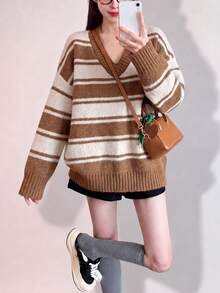Women's New Autumn/Winter Casual Striped V-Neck Pullover Sweater - Khaki - View 5