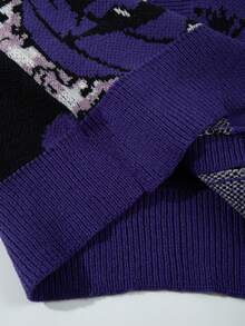 ANDREILEE Men's New Halloween Autumn Winter Casual Loose Minimalist V-Neck Button-Up Cardigan Sweater With Cute Cartoon Pattern And English Letter, Long Sleeve Knit Jacket - Purple - View 7