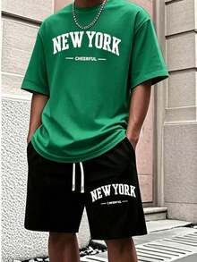 Men'S New York Casual Short Sleeve Black With White Lettering Casual Style| Comfortable Fit, PLUS SIZE  Men's Casual Outfit, Cotton Sportswear Set - 綠色 - 查看 12