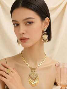 1 Set Gorgeous Copper Alloy Round Disc Tassel Emerald Blue White Pink Rhinestone Inlaid Necklace Earrings Ring Jewelry Set Suitable For Women Daily Wear Holiday Gift - Baby Pink - View 2