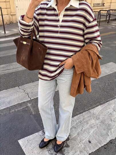 Women's Striped Colorblock Polo Collar Long Sleeve Casual Loose Half-Button Front Knit T-Shirt Top For Autumn/Winter