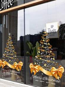 1pc Gold Christmas Tree Sticker DIY Merry Christmas Sticker Window Glass Door Static Cling, Window Decal, Glass Decoration, Holiday Pattern, Modern Style, Easy To Apply Without Glue, Seasonal Sticker, Holiday Gift, Holiday Shopper - Multicolor - View 11
