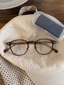 1pc Vintage Tea Color Non-Prescription Clear Lens Glasses - Simple Square And Round Frames, Frame=46mm, Fashionable Lightweight - Light Brown - View 2