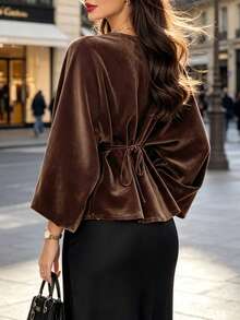DONICY Atasan Wanita Lengan Panjang Model Lentera Kerah Bulat dengan Manset Elastis Bahan Beludru Cokelat, Kaos Dasar Longgar dan Lembut, Cocok untuk Pakaian Sehari-hari Musim Gugur/Dingin - Coffee Brown - View 2