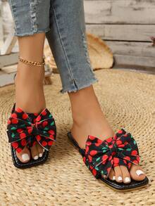 Fashion Cherry Pattern Bowknot Decor Square Toe Flip Flops, Women's Summer Outdoor Soft Sole Flat Thong Sandals - Black and Red - View 2