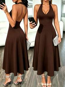RNU Women's Elegant Halter Neck A-Line Autumn/Winter Dress, Backless Waist-Cinching Midi Length Design, Solid Color Minimalist Elegant Style, High Waist Full Skirt Flattering Silhouette, Draping Fabric Slimming And Concealing, Suitable For Evening Parties, Daily Dates, Commuting Outfits - Brown - View 2