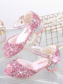 1 Pair Girls Princess Crystal Peep Toe Closed Back Sandals, New Summer Korean Style Sequin Rhinestone Pink Dress Shoes For Kids - Pink - View 1