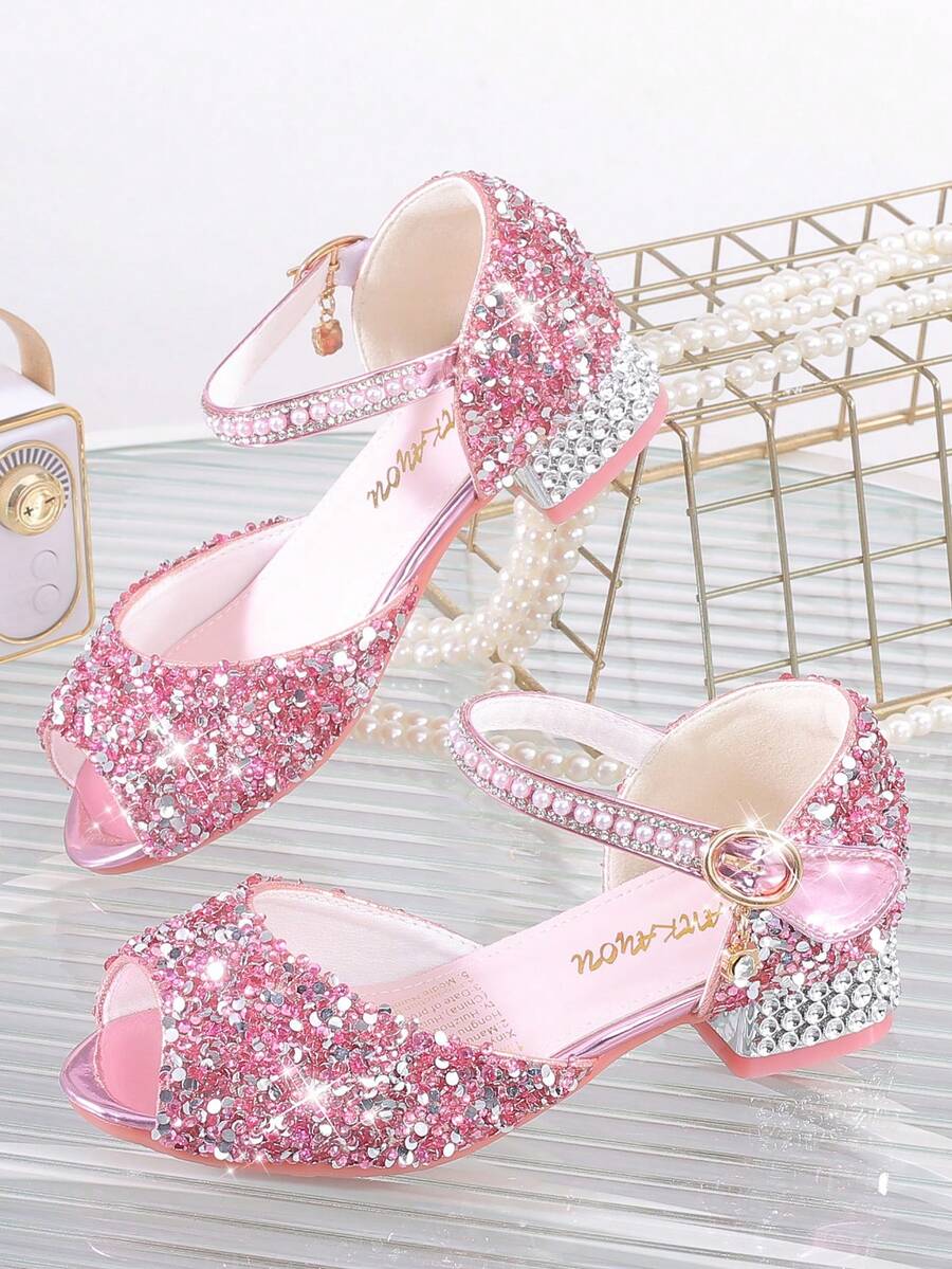 1 Pair Girls Princess Crystal Peep Toe Closed Back Sandals, New Summer Korean Style Sequin Rhinestone Pink Dress Shoes For Kids - Pink - View 1