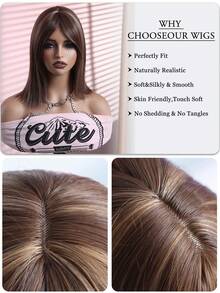 Halloween Straight Hair Wig With Bangs 10 Inch Black-Brown/12Inch Blonde Highlight,Rose Mesh Hat,Suitable For Women,Aesthetic Synthetic Hair Wig,Wig Suitable For Halloween,Suitable For All Races,Retouch Your Face,Perfect Halloween Cosplay Essential - Multicolor - View 8