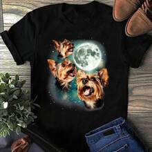 Yorkie Moon T-Shirt: Three Yorkshire Terriers, Dog Lover Gift - 黑色 - 查看 1