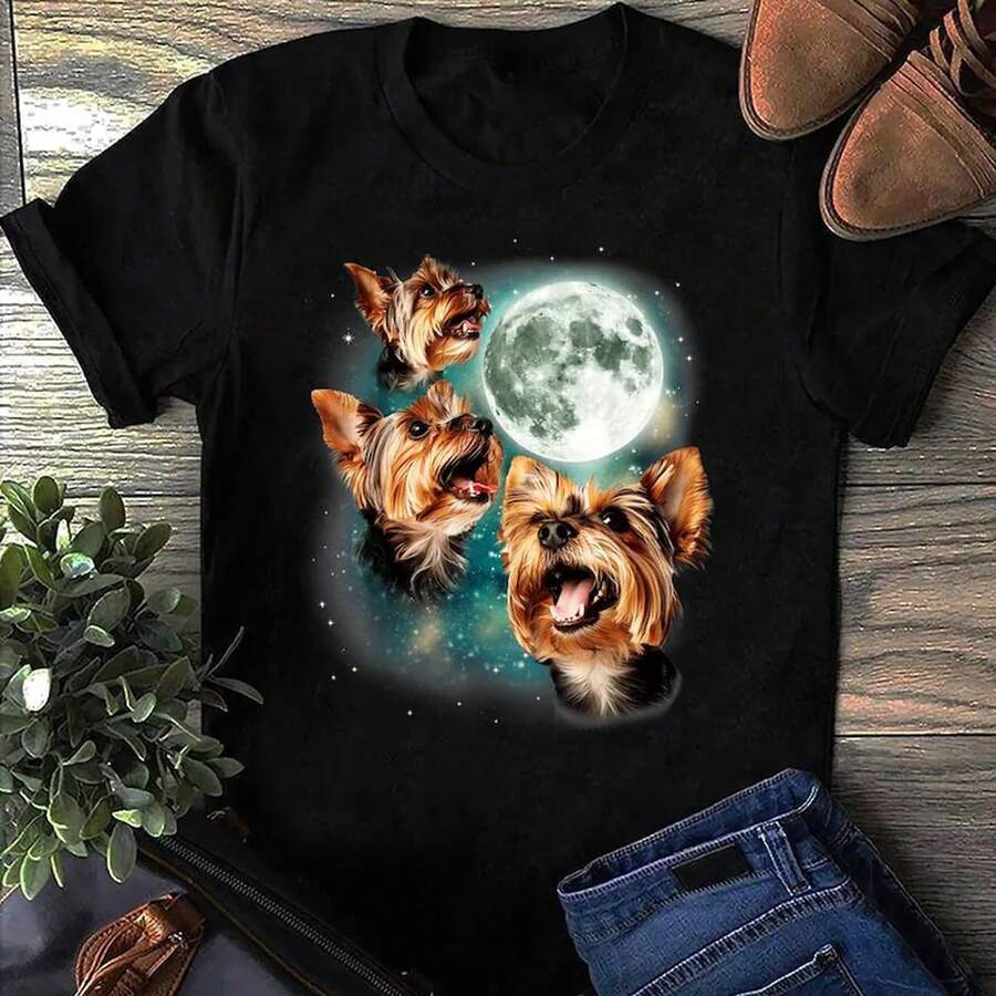 Yorkie Moon T-Shirt: Three Yorkshire Terriers, Dog Lover Gift - 黑色 - 查看 1
