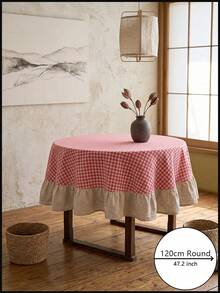 1pc Red And White Plaid With Beige Ruffle Edge Round Tablecloth, Classic Country Style, Beige Ruffle Edge Patchwork Detail Decoration, Functional Home Round Tablecloth Suitable For Family Dining And Cozy Home Decor Scenes - Red - View 13