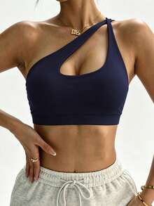 Women's Black Removable Padded Shoulder Knit Sports Bra Fall - Navy Blue - View 3