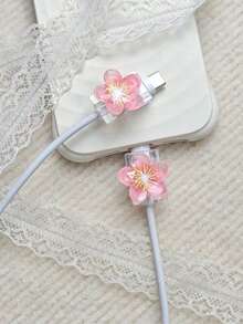 2pcs Icy Transparent Sakura Data Cable Protective Sleeve, Ins Soft Girl Style Digital Accessory, Transparent Sakura Data Cable Protective Sleeve Compatible With Apple 18W/20W PD Fast Charging, Spring Fresh Overseas Gift - Multicolor - View 4
