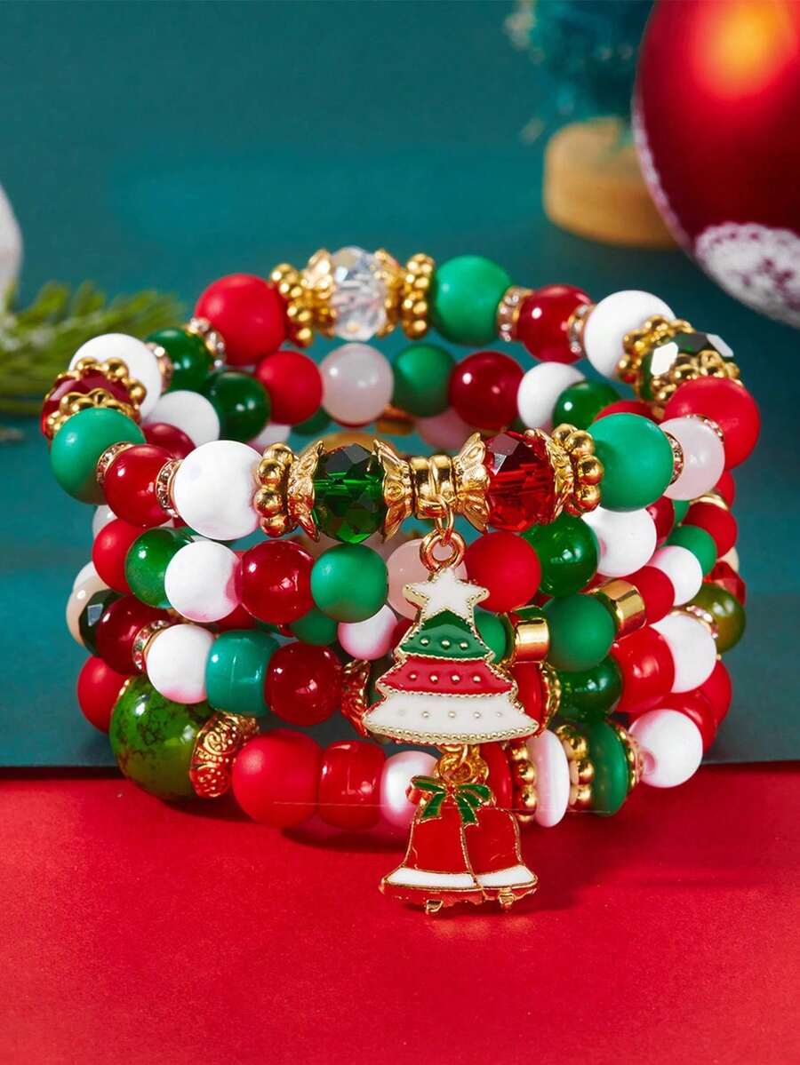 5pcs/Set Christmas Tree Bell Beaded Bracelets, Christmas Gift - Multicolor - View 1