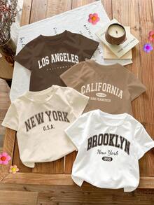 4pcs Cream & Beige Vintage Letter Graphic Round Neck Short Sleeve Basic T-Shirts - Multicolor - View 1