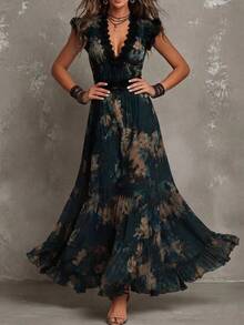Boho Women Dark Green Floral Maxi Dress, Lace Trim V‑Neck Flutter Sleeve Waist Cinched Chiffon Long Dress For Beach Vacation Party Outfits - Navy Blue - View 1