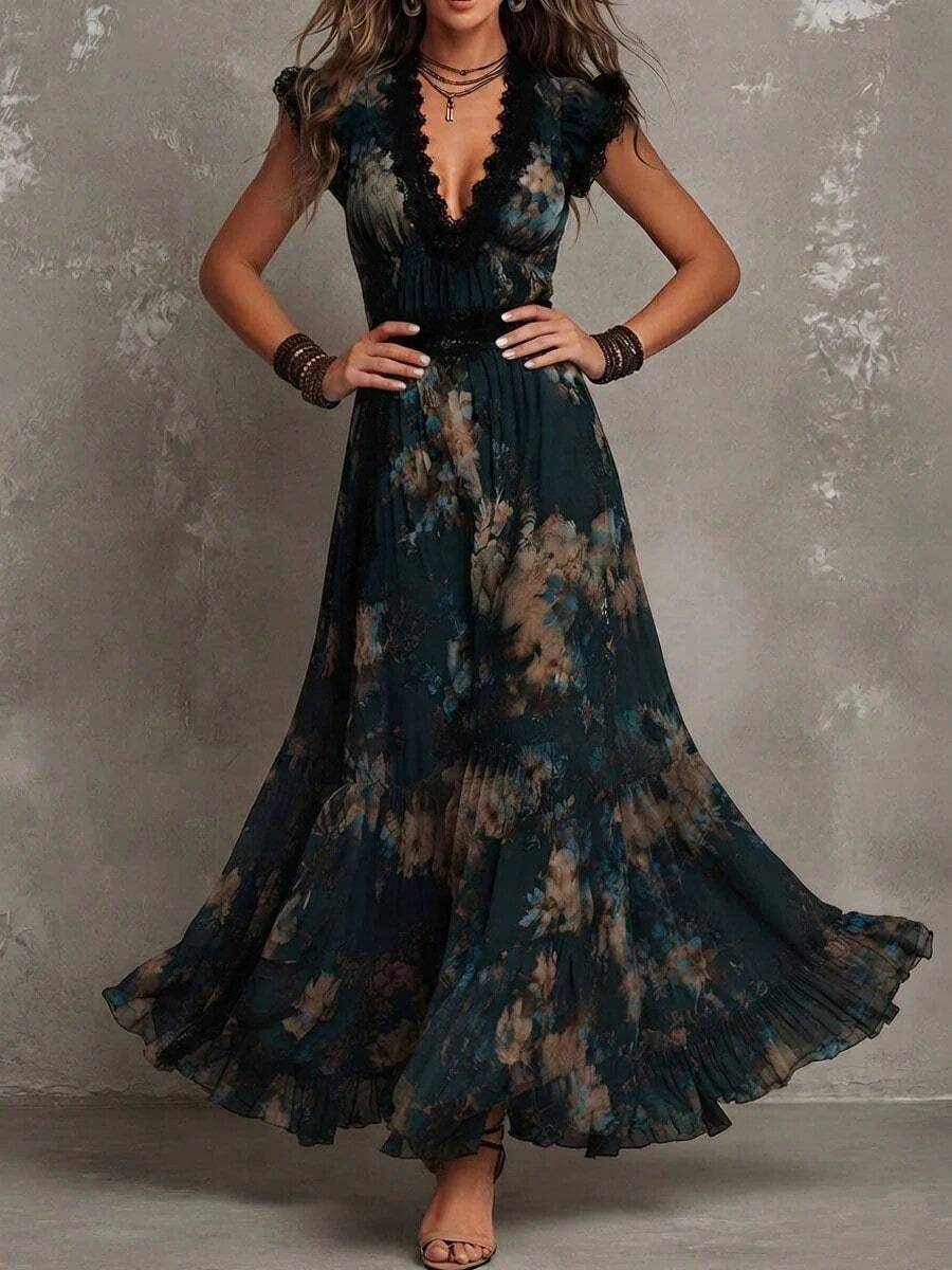 Boho Women Dark Green Floral Maxi Dress, Lace Trim V‑Neck Flutter Sleeve Waist Cinched Chiffon Long Dress For Beach Vacation Party Outfits - Navy Blue - View 1