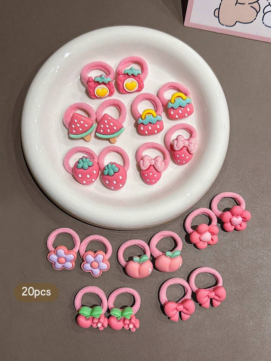 20 piezas de ligas para el cabello con estilo de dibujos animados lindos aleatorios, adecuadas para uso diario - Multicolor - Ver 1