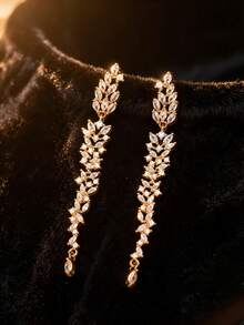 Gold Marquise Cubic Zirconia Long Tassel Dangle Earrings, Bridal Sparkly Drop Earrings For Women Party Evening - Earrings - View 4