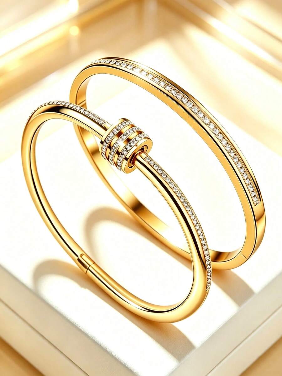 2026 Summer New 2pcs/Set Elegant Versatile Women's Bracelet 18k Gold Plated Stainless Steel Bangle High-End Fashion Jewelry Perfect Gift Suitable For Summer Vacation Gathering Party - Gold - View 1