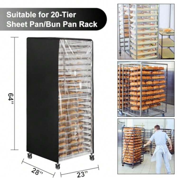 Speed Rack Cover - Funda de 20 niveles para panadería comercial con cierre, 58.42 x 71.12 x 162.56 cm, para panadería, impermeable, a prueba de polvo, color negro - Añade 5