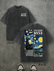 Plus Size Men's Vintage Washed Van Gogh 1853 "Starry Night" Classic Art Print Loose Short Sleeve T-Shirt - Black - View 1