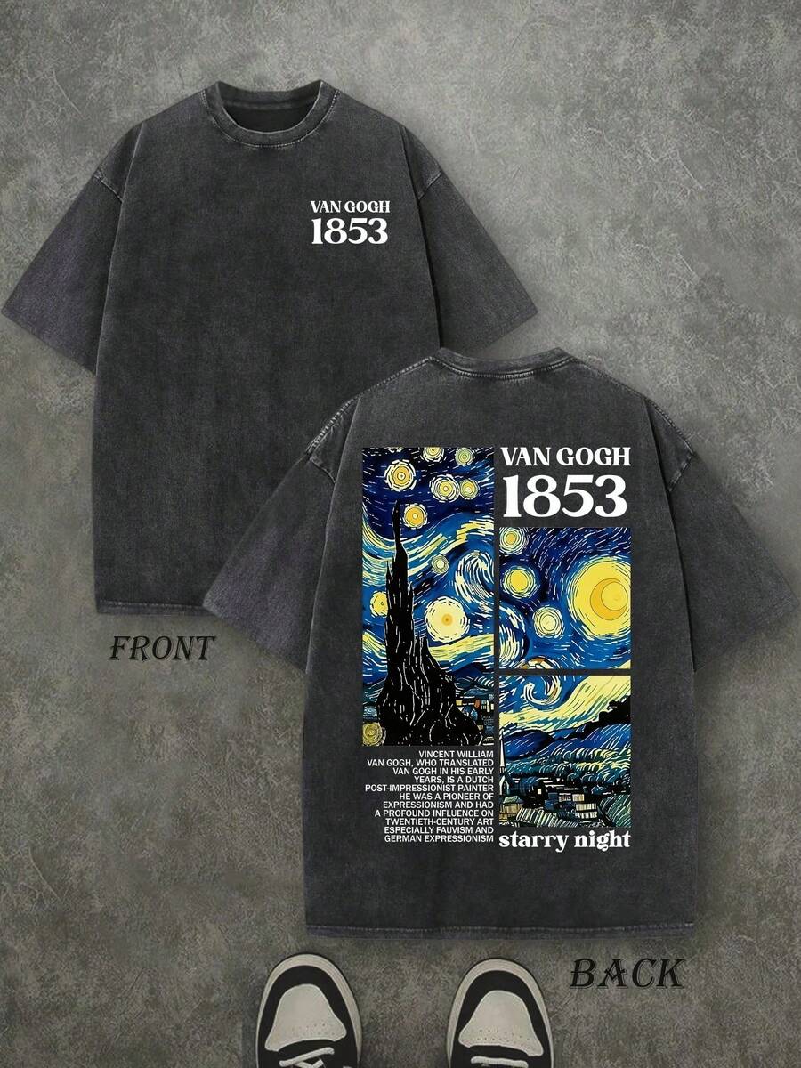Plus Size Men's Vintage Washed Van Gogh 1853 "Starry Night" Classic Art Print Loose Short Sleeve T-Shirt - Black - View 1