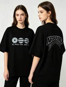 Summer, Loose Black T-Shirt For Men And Women, Double-Sided With Retro Festival Graffiti Pattern, Soft Cotton, Oversized - Black - View 1