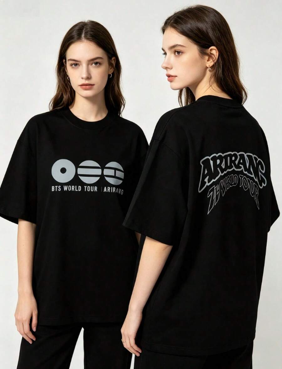 Summer, Loose Black T-Shirt For Men And Women, Double-Sided With Retro Festival Graffiti Pattern, Soft Cotton, Oversized - Black - View 1