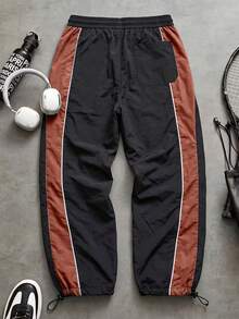 New Men's Long Pants, Men's Casual Long Pants, American Style Curved Leg Pants, Sports Long Pants, Summer Men's Lightweight Casual Long Pants, Color Block Design, Lightweight And Comfortable Casual, Drawstring Waist, Adjustable Cuffed Hem, Side Pockets, Suitable For Daily Casual Street Sports Wear, Multiple Wearing Styles, Daily Gift For Friends - Black - View 3