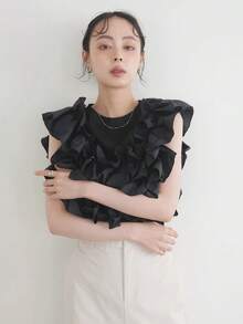 Women Round Neck Sleeveless Ruffle Top Layered 3D Frill Patchwork Cotton Tee Shirt Elegant Chic Summer Party Blouse Solid Color - Grey - View 5