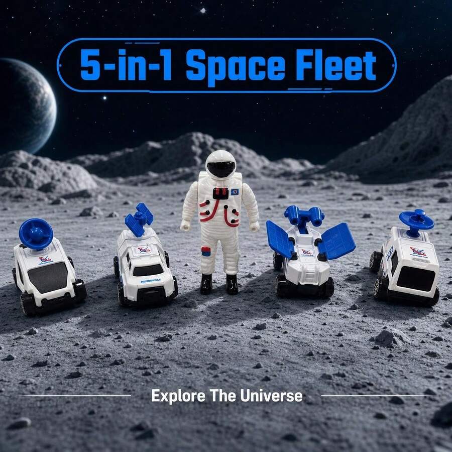 Set Mainan Armada Luar Angkasa 5-in-1, 4 Kendaraan Penjelajah Bulan dengan Figur Astronot, Set Kombinasi Mobil Luar Angkasa Bertenaga Inersia, Mainan Bermain Peran Eksplorasi Luar Angkasa untuk Anak Laki-laki, Cocok untuk Hadiah Ulang Tahun dan Natal - MultiWarna - View 1