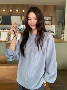 Women's Vertical Striped Diagonal Button Long Sleeve Shirt, Loose Fit, Casual Commute, Niche Design, Autumn Blouse - Blue - View 6