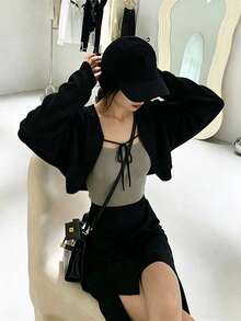 Sweet Cool Style Design Knitted Short Cover Up With Tie Waist, Long Sleeve Layering Top For Women, Autumn/Winter Outerwear (Inner Layer Not Included) - Black - View 2